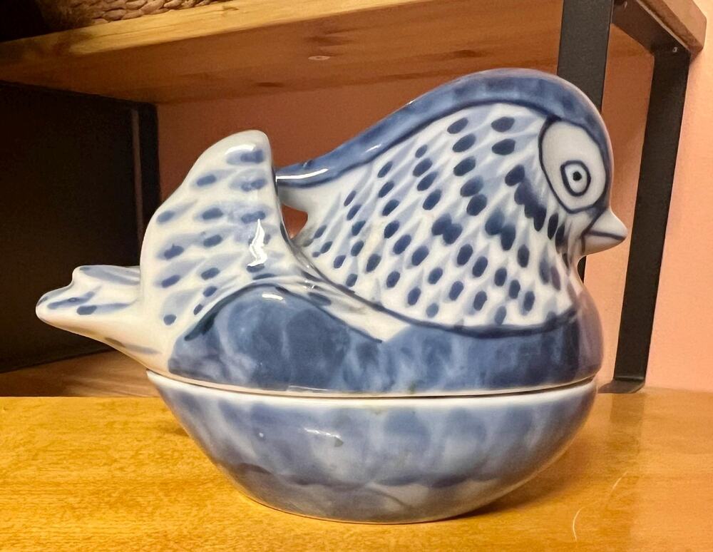 Vintage Fitz and Floyd Ceramic Blue & White Bird Trinket Box